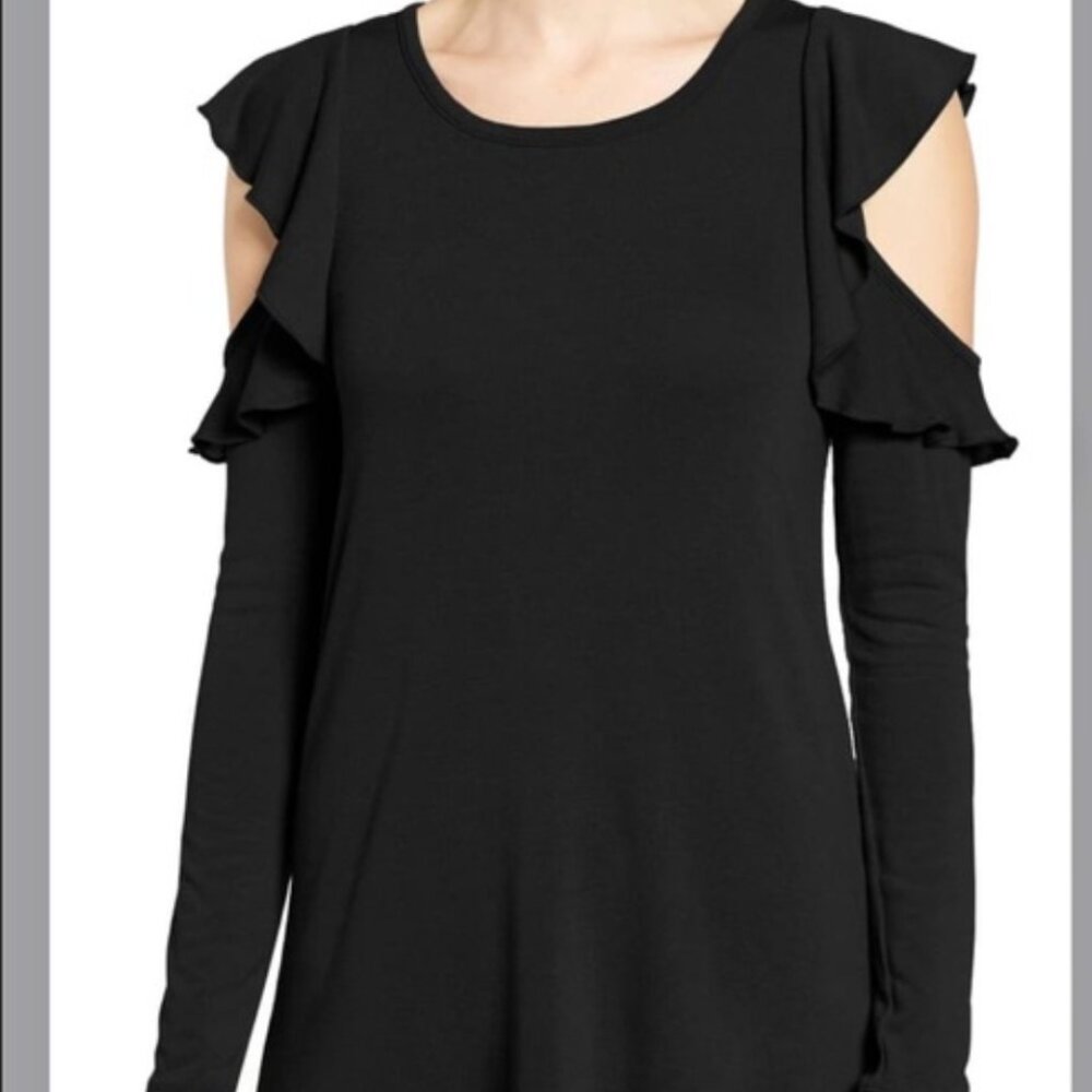 Pleione Black Rayon Cold Shoulder Ruffle Top size XL